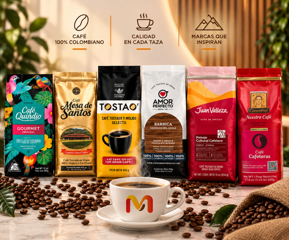 Selección de cafés colombianos de origen y especialidad junto a una taza de café