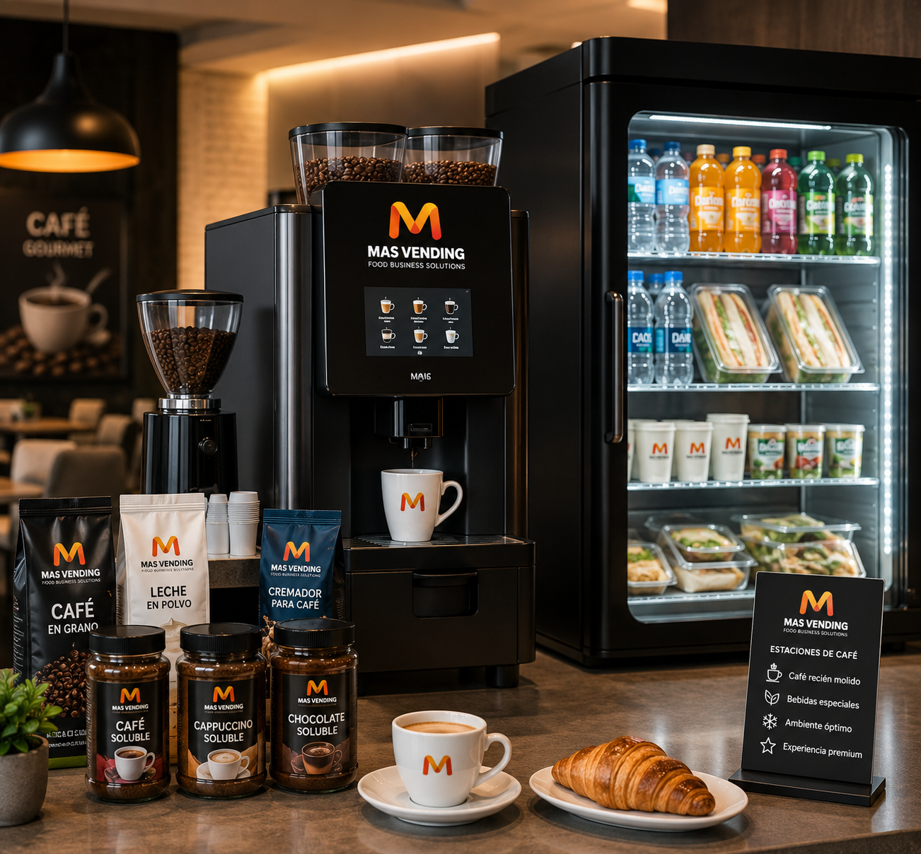 Cafetería corporativa con estación de café y refrigerios